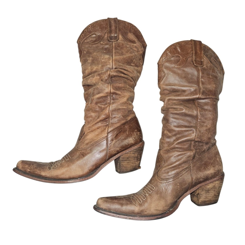 VTG Distressed Leather Western Cowboy Slouch Boots Brown Sz 8.5